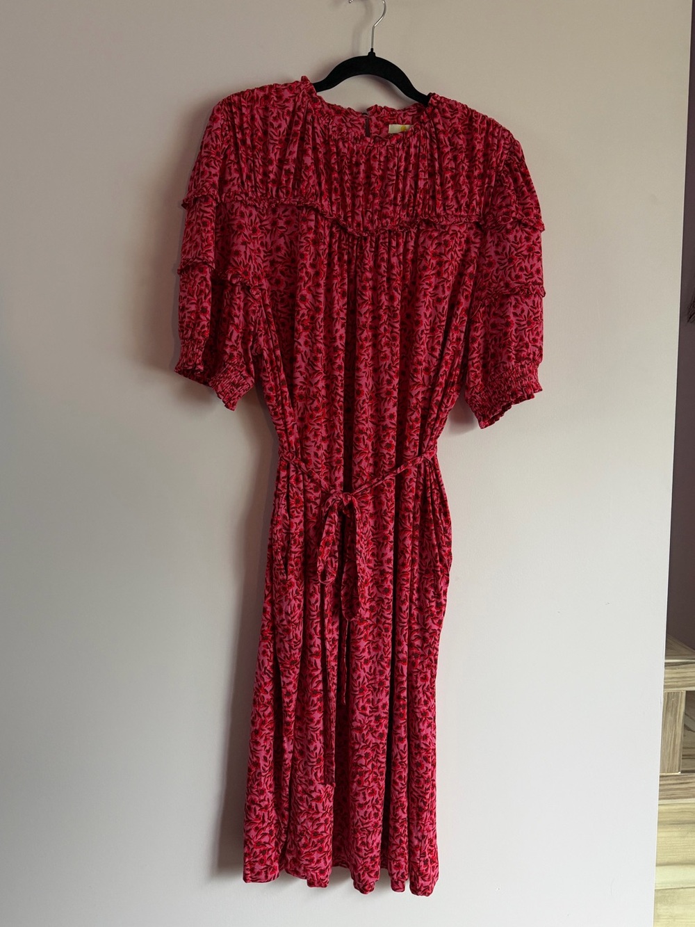 Boden Hot Pink Red Floral Ruffle-Sleeve Midi Cotton Dress Tie Waist 20/22L